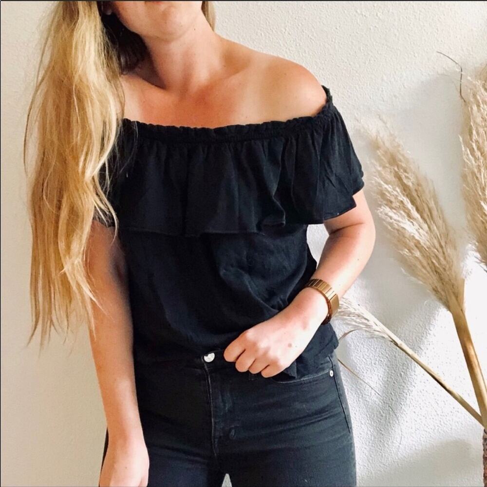 NEW NWT Current/Elliott Black Ruffle Off Shoulder Swing Top Blouse Tee Shirt M